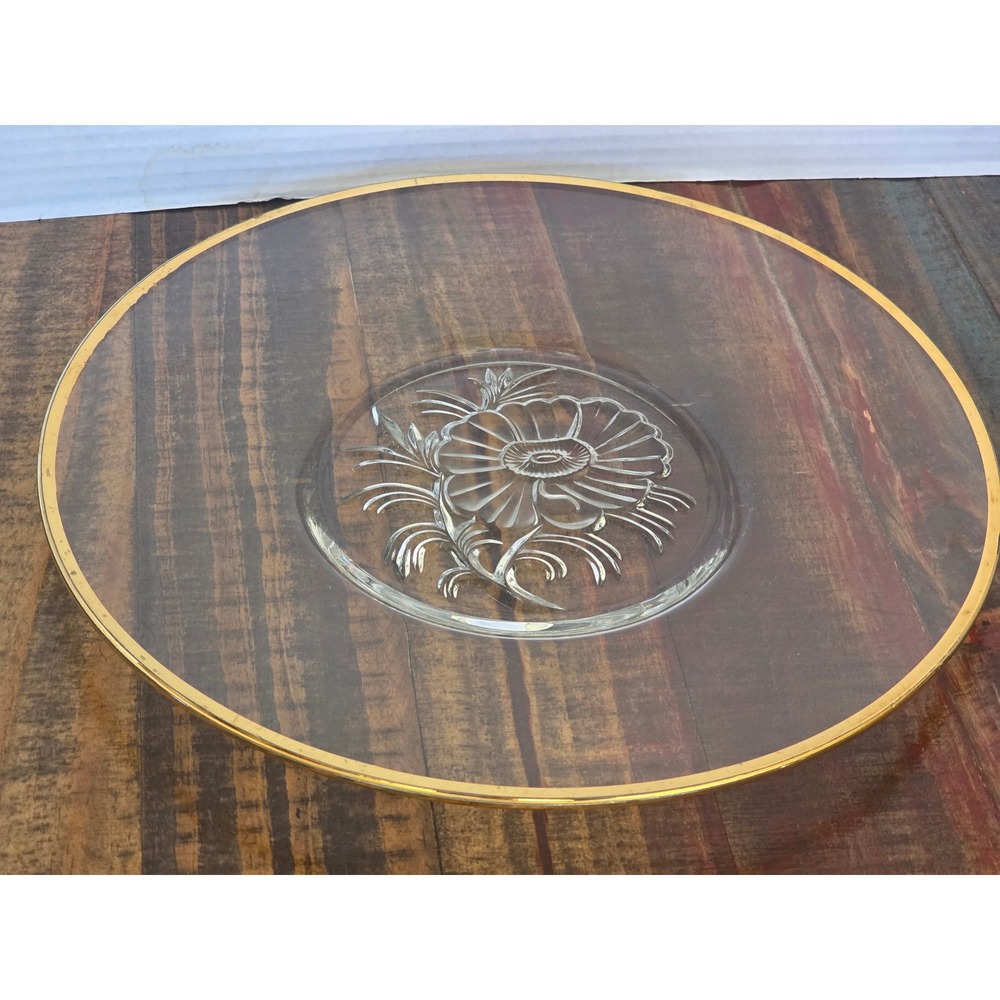 Vintage Clear Pressed Glass Round Platter‎ Gold Rim Floral Sunburst 12.5 Inch